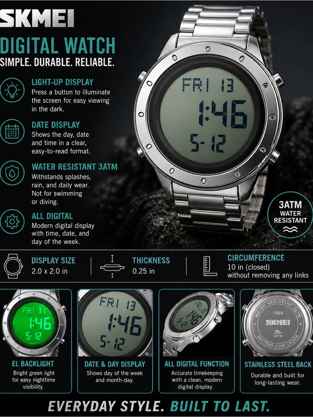 SKMEI Silver Digital Watch with Stainless Steel Band - Silver